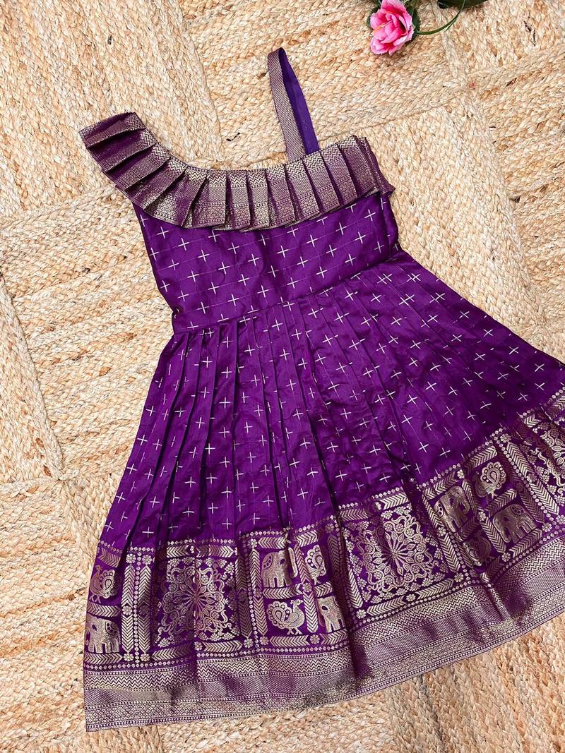 Girls pink woven silk flared gown with one-shoulder neck & zari border