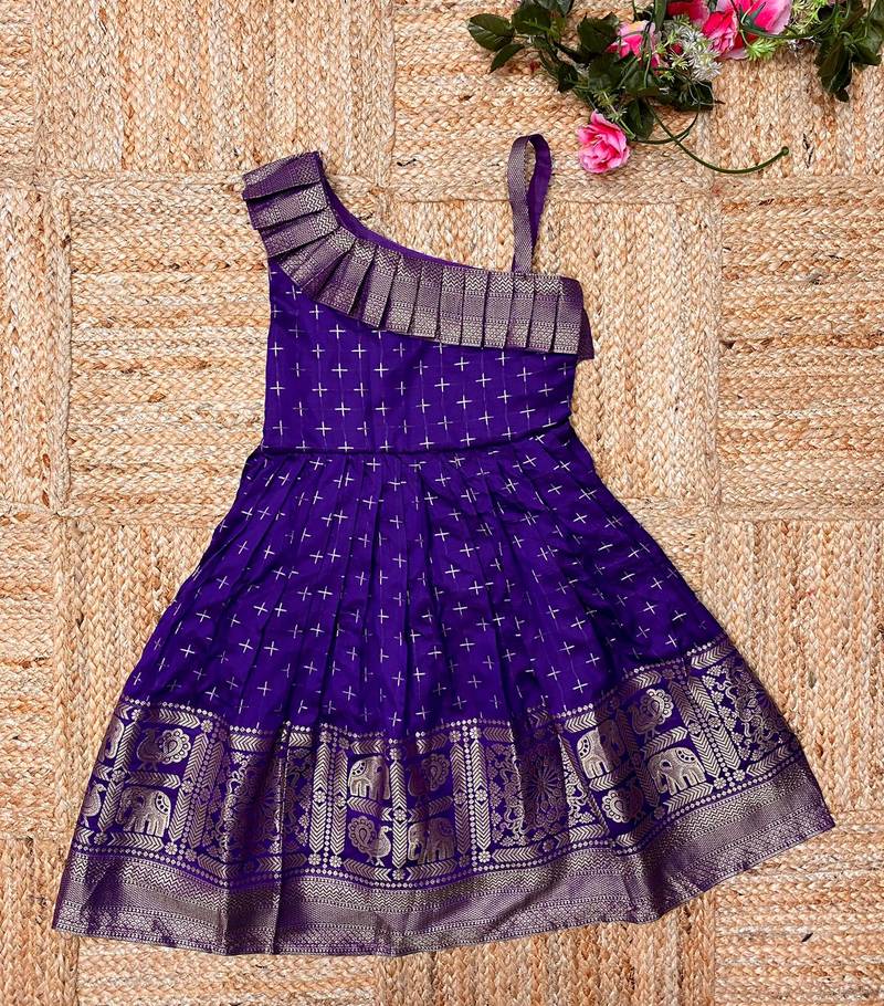 Girls pink woven silk flared gown with one-shoulder neck & zari border