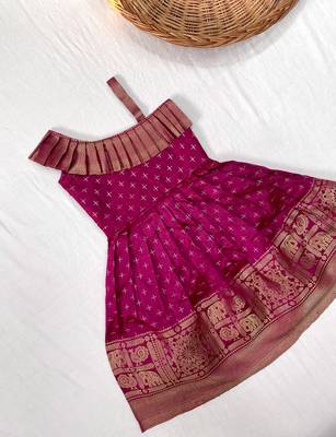 Girls pink woven silk flared gown with one-shoulder neck & zari border 1