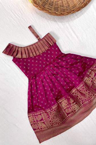 Girls pink woven silk flared gown with one-shoulder neck & zari border
