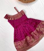 Girls pink woven silk flared gown with one-shoulder neck & zari border