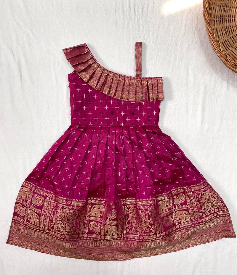 Girls pink woven silk flared gown with one-shoulder neck & zari border