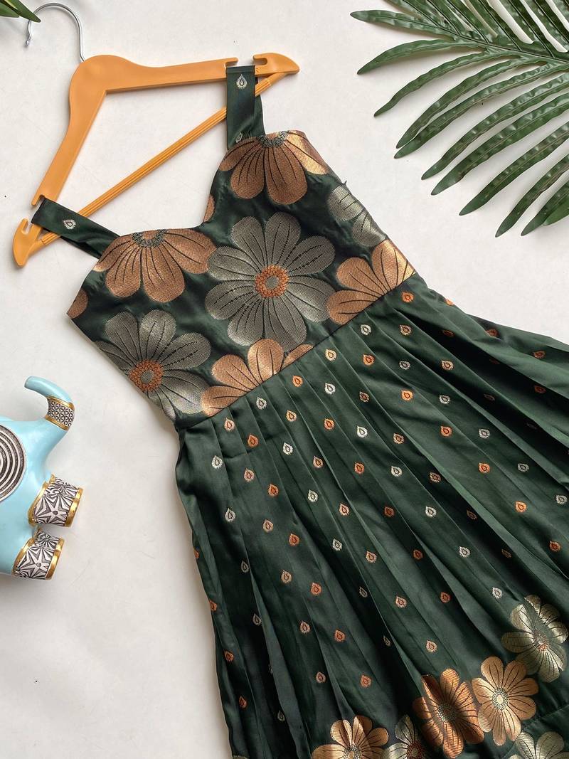 Charming girls frock with intricate floral weaving and a stylish panel design