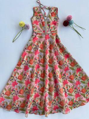 Soft chanderi floral print gown for girls 1