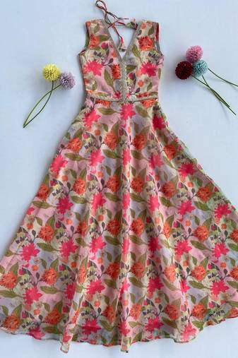 Soft chanderi floral print gown for girls