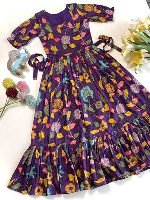 Purple tussar silk gown for girls features a vibrant pen kalamkari floral print 1