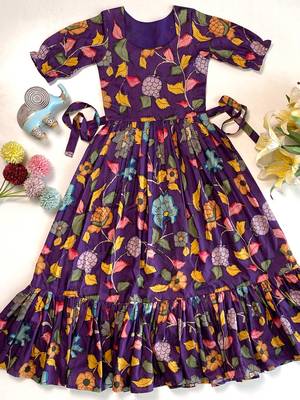Purple tussar silk gown for girls features a vibrant pen kalamkari floral print 2
