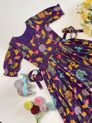 Purple tussar silk gown for girls features a vibrant pen kalamkari floral print 3