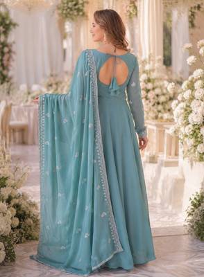Sky georgette readymade anarkali suit with embroidery & beads work 1