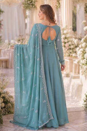 Sky georgette readymade anarkali suit with embroidery & beads work