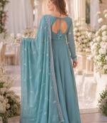 Sky georgette readymade anarkali suit with embroidery & beads work