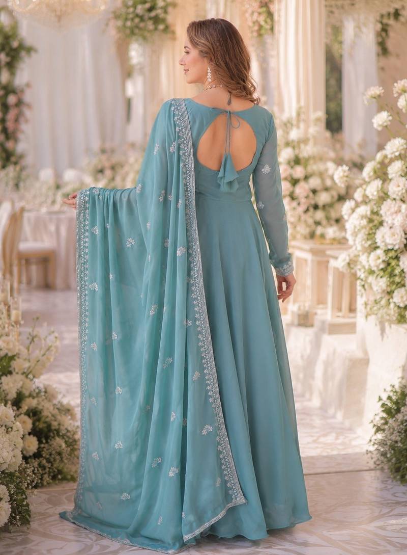 Sky georgette readymade anarkali suit with embroidery & beads work