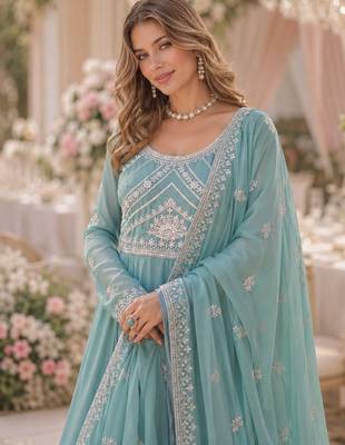 Sky georgette readymade anarkali suit with embroidery & beads work 2
