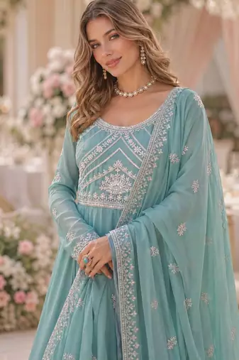 Sky georgette readymade anarkali suit with embroidery & beads work