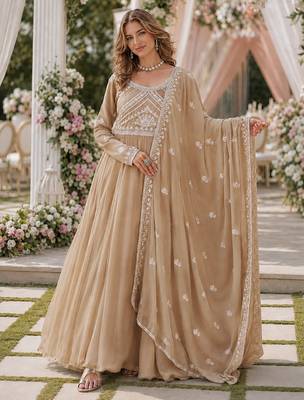 Beige georgette readymade anarkali suit with embroidery & beads work 1