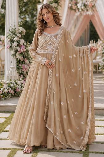 Beige georgette readymade anarkali suit with embroidery & beads work