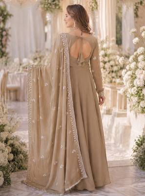 Beige georgette readymade anarkali suit with embroidery & beads work 2