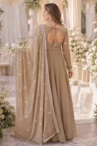 Beige georgette readymade anarkali suit with embroidery & beads work