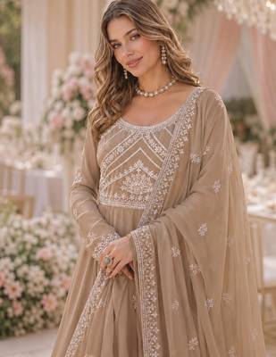 Beige georgette readymade anarkali suit with embroidery & beads work 3