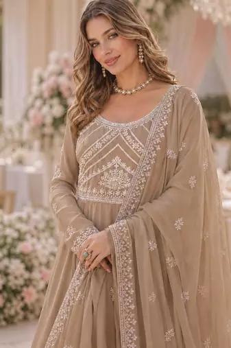 Beige georgette readymade anarkali suit with embroidery & beads work