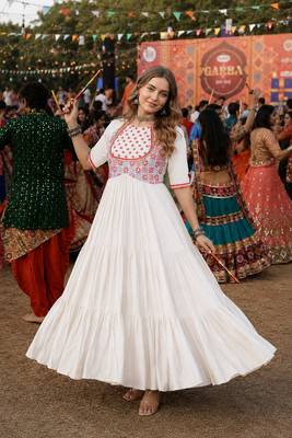 White cotton readymade navratri anarakali suit with mirror & thread work 1