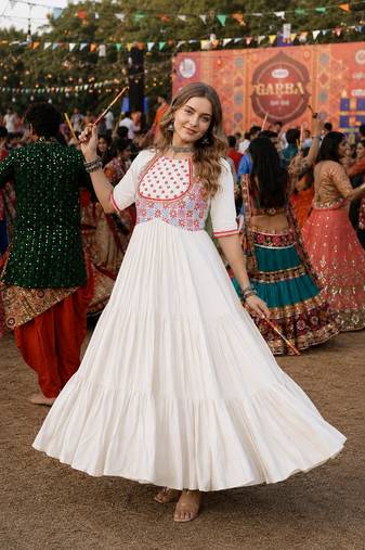 White cotton readymade navratri anarakali suit with mirror & thread work