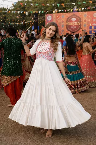 White cotton readymade navratri anarakali suit with mirror & thread work