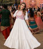 White cotton readymade navratri anarakali suit with mirror & thread work