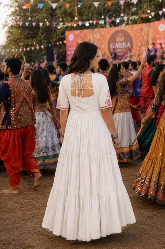 White cotton readymade navratri anarakali suit with mirror & thread work