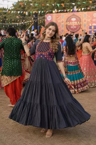 Black cotton readymade navratri anarakali suit with mirror & thread work