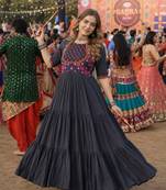 Black cotton readymade navratri anarakali suit with mirror & thread work