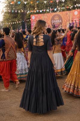 Black cotton readymade navratri anarakali suit with mirror & thread work 2