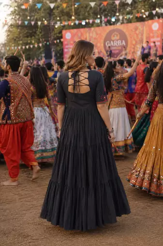 Black cotton readymade navratri anarakali suit with mirror & thread work
