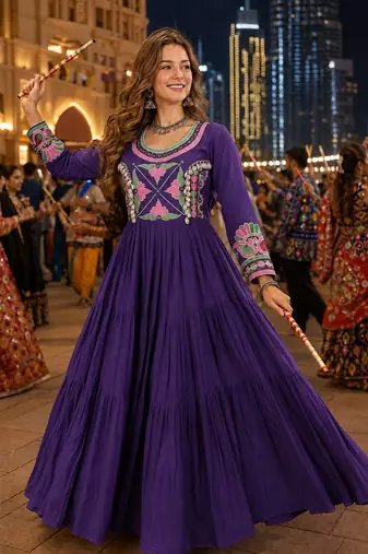 Purple cotton readymade navratri anarakali suit with mirror & thread work