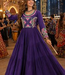 Purple cotton readymade navratri anarakali suit with mirror & thread work