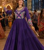 Purple cotton readymade navratri anarakali suit with mirror & thread work