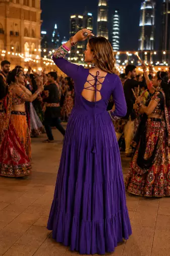 Purple cotton readymade navratri anarakali suit with mirror & thread work
