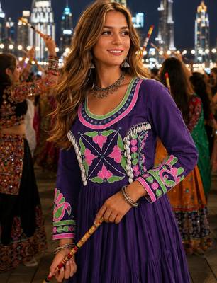 Purple cotton readymade navratri anarakali suit with mirror & thread work 3