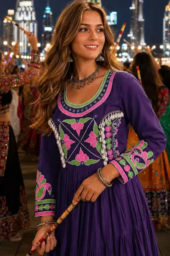 Purple cotton readymade navratri anarakali suit with mirror & thread work