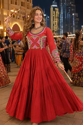 Orange cotton readymade navratri anarakali suit with mirror & thread work