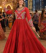 Orange cotton readymade navratri anarakali suit with mirror & thread work