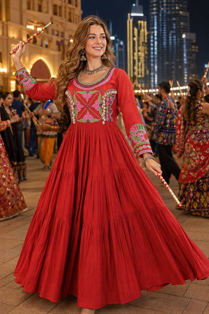 Orange cotton readymade navratri anarakali suit with mirror & thread work