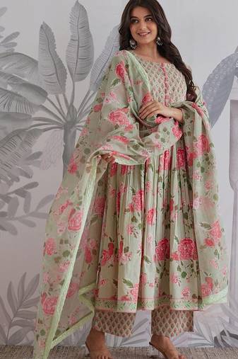 Green Cotton Embroidery Work Anarkali Kurta