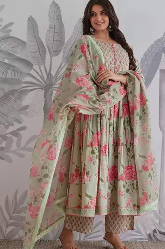 Green Cotton Embroidery Work Anarkali Kurta
