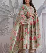 Green Cotton Embroidery Work Anarkali Kurta