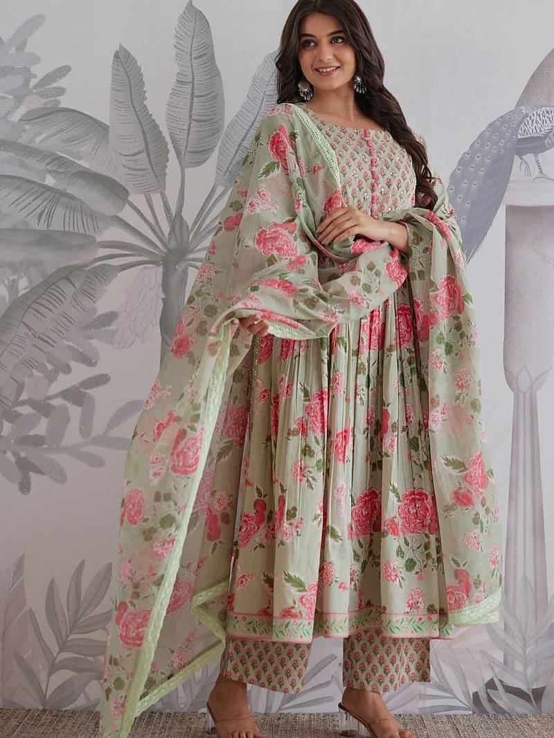 Green Cotton Embroidery Work Anarkali Kurta