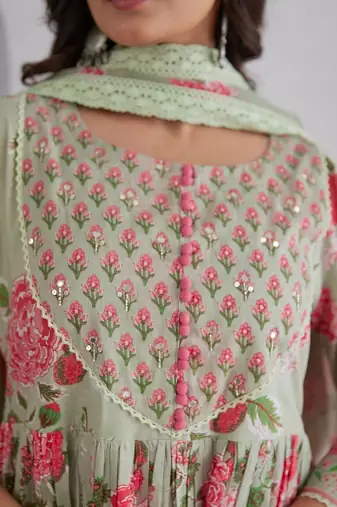 Green Cotton Embroidery Work Anarkali Kurta