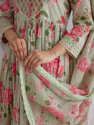 Green Cotton Embroidery Work Anarkali Kurta 5