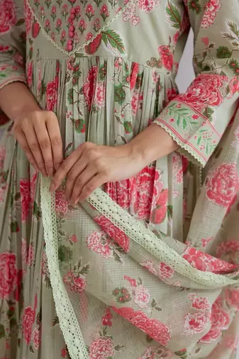 Green Cotton Embroidery Work Anarkali Kurta
