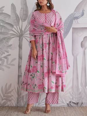 Pink Cotton Anarkali Suit Set 1